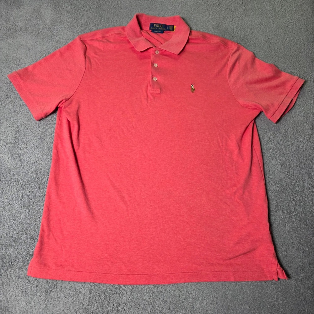 Polo Ralph Lauren Mens Large Polo Shirt Coral Pink Classic Fit Short Sleeve Logo
